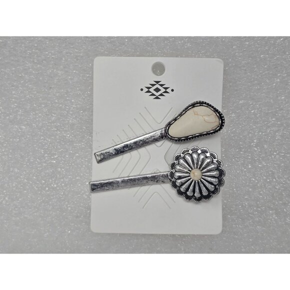 Southwestern Style Hair Clips Pins With Faux White Stone & Floral Design - Picture 1 of 2